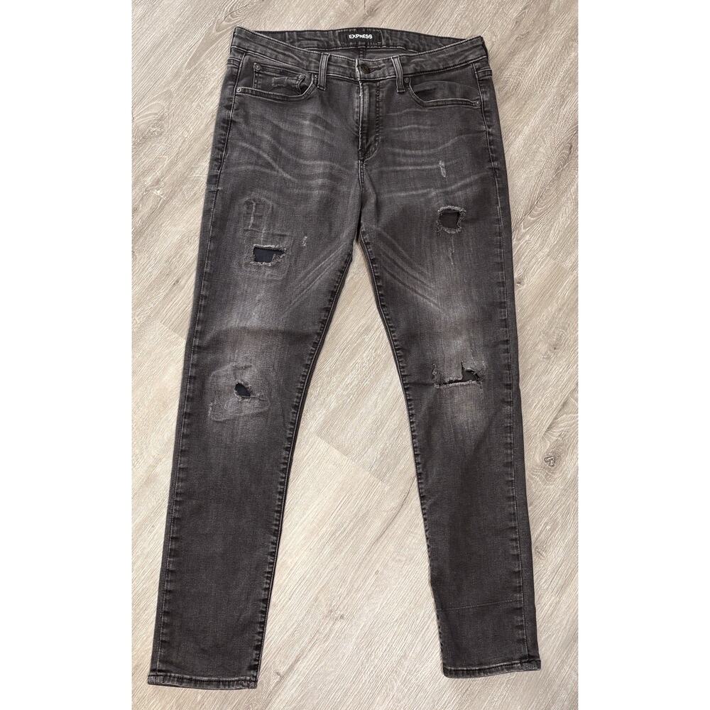 Express Women’s Hyper Stretch Skinny Jeans Size 33x32‎ Black Distressed